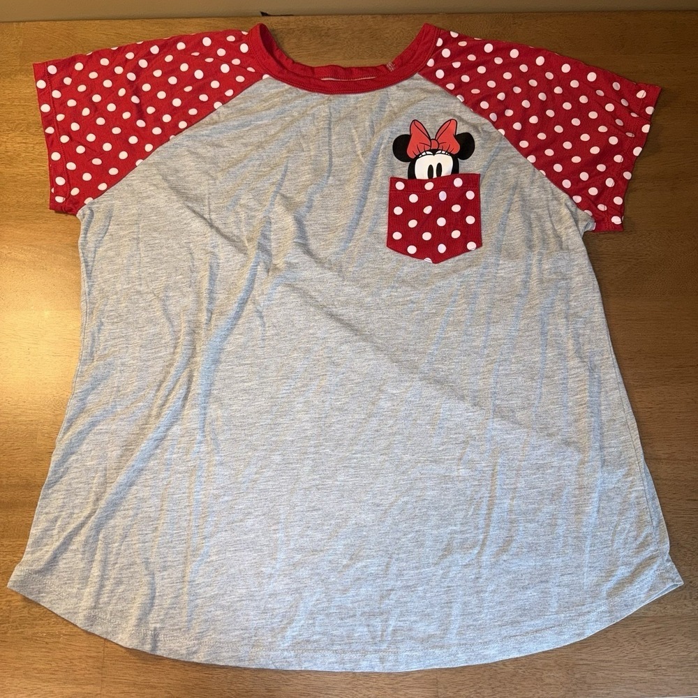 Disney Minnie Mouse Raglan T-Shirt Womens 2X Gray Red Polka Dot Pocket Tee